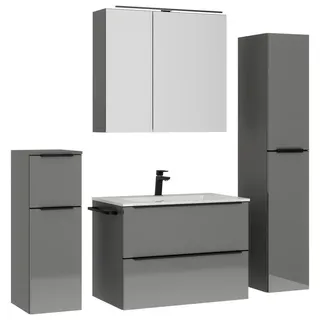 Nobilia Badezimmer , Schwarz, Schieferfarben , Metall , 5-teilig , 5 Fächer , 3,2 Schubladen , G , 141 cm , Goldenes M, Made in Germany , Griffeauswahl, hängend, Zusatzausstattung erhältlich, Typenvielfalt , Badezimmer, Badmöbelsets & Badmöbelserien, Badmöbel-Sets