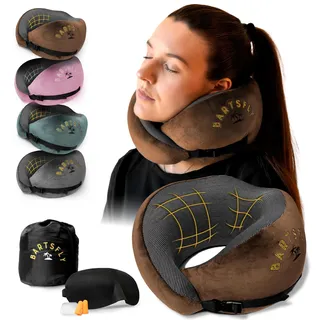 BARTSFLY Nackenkissen - Memory Foam Reisekissen Auto & Flugzeug, Ergonomisch Travel Pillow Airplane, Flugzeugkissen gegen Nackenschmerzen, Komfort für Schlafen, Langstreckenflug, Waschbar (Braun)