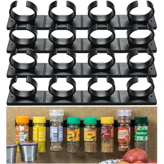 Gewürze Organizer zum Kleben, für bis 16 Gewürzdosen, Schwarz, für Gewürz-Streuer mit Ø 33 - 45 mm und max. 150 Gramm, Gewürz Halterung für Gewürzgläser, Schrankeinsatz Gewürzregal, Glashalter Schrank