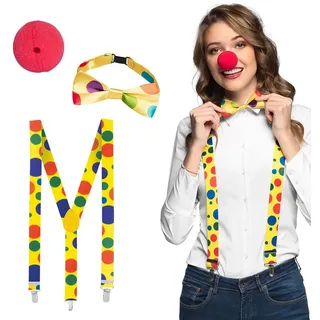 Boland 55520 - Clown Set für Kostüme, Zubehör für Karneval, Kostüm-Set, rote Nase, Hosenträger und Fliege, Mottoparty, JGA