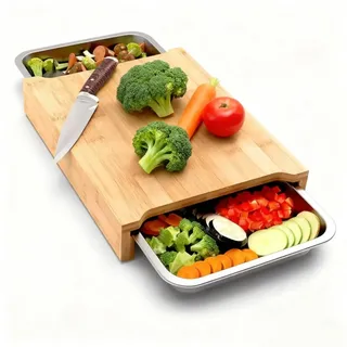 Bambus Schneidebrett mit Auffangschalen aus 304 Edelstahl, Tranchierbrett Küchen Servierschalen, Ideales Küchenhelfer Gadget Set für die Küche, Holzbrett Küche,40.5 * 29 * 3.2cm