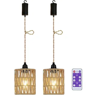 YIKEGE LICHT 2x Hängelampe mit Batterie Outdoor Batteriebetrieben Lampe Hängeleuchte Deckenlampe Ohne Stromanschluss Rattan Korb Lampenschirm Boho Hanfseil Lampen Glühbirne Ohne Strom Weihnachten Deko