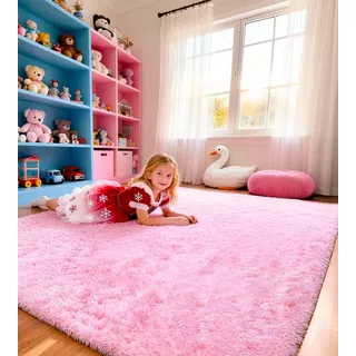 ROHATIM Teppich Wohnzimmer 200 x 300 cm Rosa Waschbar Rutschfester Hochflorteppich Kinderzimmer Schlafzimmer Flauschiger Teppiche
