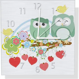 Wallario Design Wanduhr Bunte Eulen mit kleinen Vögeln auf dem Ast aus Aluverbund, Größe 30 x 30 cm - Weiß