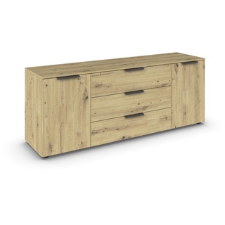 Rauch Möbel Flipp, Sideboard, TV-Schrank, Kommode mit Stauraum, Eiche Artisan, Holz, 2-türig, 3 Schubladen, Griffe graphit, 160x61x42cm