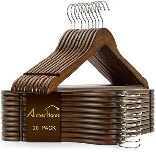 Amber Home Kleiderbügel aus Massivholz, 20 Stück, Glatte Retro-Finish, Holz-Kleiderbügel mit Rutschfester Hosenstange, Kleiderbügel mit 360° drehbarem Haken und Kerben für Jacke, Hemd (Retro, 20)