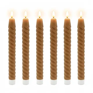 Relaxdays LED Stabkerzen, 6er Set, HxD: 25x2 cm, flackernde Flamme, Echtwachs, gedreht, flammenlose Kerzen, Mocha-Mousse