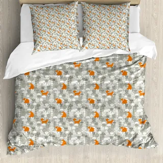 ABAKUHAUS Fuchs Bettbezug, Doodle Stil Wald Entwurf, Milbensicher Allergiker geeignet mit Kissenbezügen, 155 cm x 220 cm - 80 x 80 cm, Orange Weiss - Orange