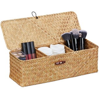 Relaxdays Storage Box with lid Aufbewahrungsbox mit Deckel, Seegras Korb mit 3 Fächern, Bad Aufbewahrung, HBT 11 x 33 x 12,5 cm, Kiste, Natur, 80% Pflanzenfaser, 20% Eisen