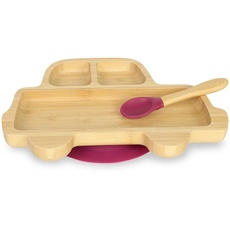 BIOZOYG Bambus-Teller-Set Auto I Saugnapf-Teller mit Löffel - FSC-zertifiziert I süßes Bambus Holz-Schüssel-Set Kleinkind - Kinder-Teller & Snack-Schale I Baby Bambus-Geschirr Rot
