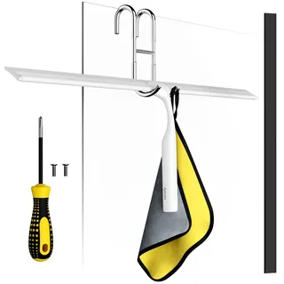 cocofy Duschabzieher Weiss breit XXL 45 cm ohne Bohren für Dusche, Fliesen mit Haken, Ersatzgummi, Mikrofasertuch Flitsche Dusche Duschwandabzieher Duschkabinenabzieher Dusch Abzieher