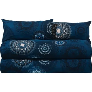 Erwin Müller Bettwäsche Sparpaket 4-TLG. Mako-Satin Mandala dunkelblau Größe 40x80 cm / 135x200 cm - feinfädig, temperaturausgleichend, atmungsaktiv, 100% Baumwolle, mit Reißverschluss