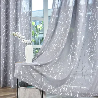 Kotile Silberne Vorhänge, 160 cm Länge, für Schlafzimmer, metallisch-silberfarben, Baumzweig, schimmernd, Fenstervorhänge, mit Ösen, Privatsphäre, Glitzer, halbtransparent, 132 x 160 cm, 2 Paneele,