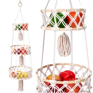 WIYETY Obstkorb Hängend Korb Geflochten 3-Stöckiger, Hängender Obstkorb, Handgewebt Küche Aufbewahrung, Obst Hängekorb, Handgemachter Geflochtene Wandkörbe, Boho-Wandkörbe Gemüse Fruit Basket Küche