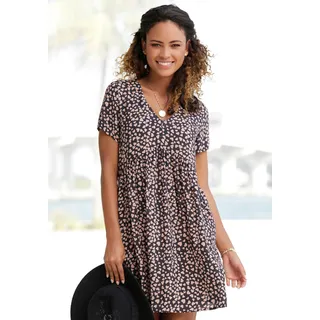 Blusenkleid LASCANA "mit Herzchenprint, lockeres Webkleid, Minikleid", Damen, Gr. 42, N-Gr, bunt (schwarz, cognac, bedruckt), Web, Obermaterial: 100% Viskose, bedruckt, figurumspielend ca. Mitte Oberschenkel, V-Ausschnitt, Kleider Blusenkleid, luftiges Sommerkleid, Strandkleid aus Webware, leichtes Tunikakleid, Topseller