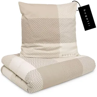 bugatti 2in1 Bettwäsche 135x200 cm - 100% Baumwolle Satin-Flanell Kombibettwäsche, Reißverschluss, anschmiegsam, weich & waschbar, Bettbezug beige Karo