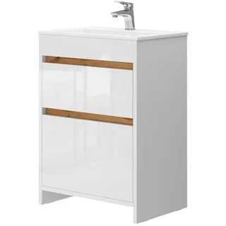 Vicco Waschbeckenunterschrank Detmold Weiß Hochglanz/Goldkraft Eiche 2 Teile, Unterschrank 60 cm , Weiß Hochglanz, Honigeiche , Holzwerkstoff , nicht einzeln stellbar,Rechteckig , 59.6x81.9x40 cm , Badezimmer, Waschbecken & Armaturen, Waschtische