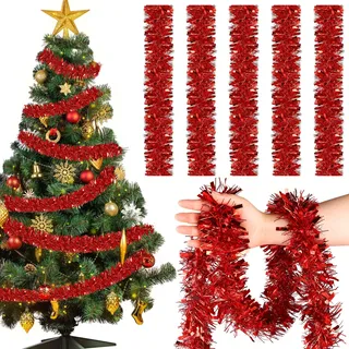 12M x 1 Stück Weihnachtsbaum Girlande Glitzer,9cm Weihnachtsgirlande Lametta,Rot Weihnachten Deko Girlande für Weihnachten,Weihnachtsbaum Dekorieren