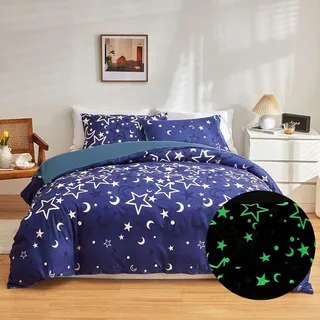 Galaxis Im Dunkeln leuchten 135x200 Kinder Bettwäscheset Jungen Mädchen Glow in The Dark Lila Universum Sternennacht Bettwäsche Weltraum Sterne Mond Bettbezug Set Super weich Jungs Schlafzimmer Dekor