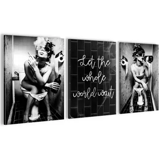 Novart Wandbilder Set Fashion Frauen - KOMPLETT AUFHÄNGFERTIG - Badezimmer Flur Toilette Deko - 3 Moderne Bilder Schwarz Weiss - N040135a