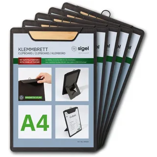 SIGEL KB220/5 Klemmbretter DIN A4 dunkelgrau/beige, 5 Stück, mit Aufstellfunktion, stabiles, stylisches Clipboard mit edler Leinenstruktur, strapazierfähig und leicht abwischbar, für Speisekarten