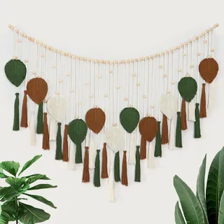 Dremisland Große Makramee Wandbehang Kaffee Grün Blätter Quaste Wandteppich mit Holzperlen Handgefertigte Tapisserie Wandbehang Boho Wanddeko Schlafzimmer Wohnzimmer Kinderzimmer