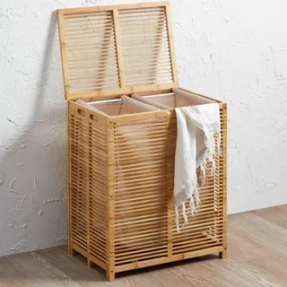 Bakaji Schmutziger Bambus-Leinenkorb mit grauem Stoff, Wäschekorb für Zuhause, Badezimmer, mit 2 Fächern, platzsparender Behälter mit Deckel und abnehmbarer Tasche, 50 x 35 x 60 cm