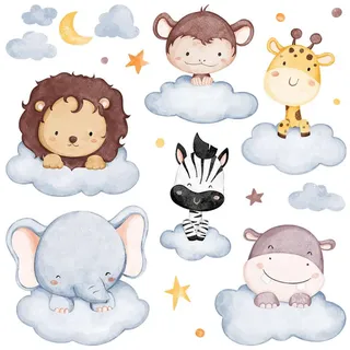 Wallfluent Wandaufkleber 100x136cm - Tiere in den Wolken , Multicolor , Kunststoff , Rechteckig , 100x136x0.1 cm , Tapeten & Wandverkleidungen, Wandtattoos & Sticker, Wandtattoos