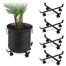 Relaxdays Pflanzenroller ausziehbar, 5er Set, innen & außen, Rolluntersetzer für Blumentopf bis 42 cm Ø, Metall, schwarz