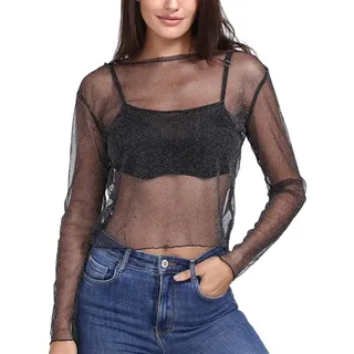 Mesh Oberteil Damen, Netzoberteil Damen Glitzer Oberteil Transparent Netz Mesh Shirt Stern Rundhals Bluse Tunika Clubwear Party Sheer, Durchsichtiges Langarmshirt Damen für Club Party, Schwarz, S