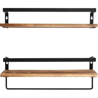 Wandregal aus Holz - 2-stöckiges Bücher-/Schweberegal - Wandmontage - Kiefernholz & Metall - 40 x 14,5 x 7 cm je Ablage - Retro Vintage - Schokoladenbraun