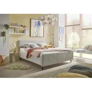 Stella Trading Polsterbett 180x200 Peach in Cord-Optik, Bettgestell mit gepolstertem Kopfteil & Holzfüßen, modernes Stoffbett, ohne Matratze & Lattenrost, Silber