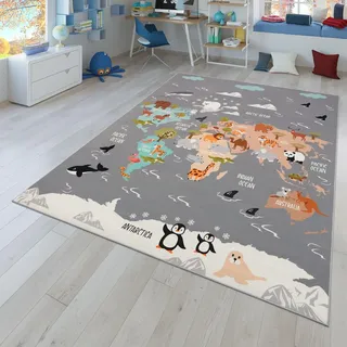 TT Home Kinderteppich Babyzimmer Teppich Kinderzimmer rutschfest Tiere Weltkarte Autos, Farbe:Grau Blau Braun, Größe:100x200 cm