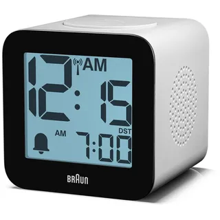 Braun digitaler funkgesteuerter Wecker für mitteleuropäische Zeitzone (DCF) mit Sprachausgabe, Schlummerfunktion, positiver LCD-Anzeige, ansteigendem Signalton in Weiß, Modell BC25WP-DCF