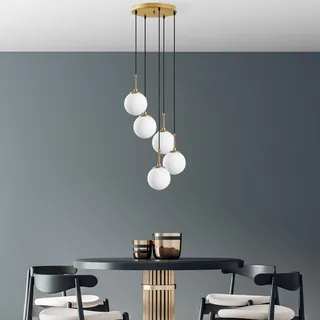 Opviq Elegant Gold Chandelier, Adjustable Height 40-115 cm, Metal Body, Ø15 cm Cap, 5 x E14 Max 40W, Perfect for Modern Living Spaces, IP20 Rated.