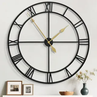 Mee 2ou 80cm Wanduhr, Leise Vintage Metall Uhr mit Holz-Zifferblatt, Batterie XXL Wanduhr im Landhausstil für Wohnzimmer, Schlafzimmer, Küche, Büro, Wanddeko