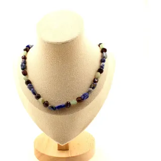 Halskette Perlen Lapislazuli+Granat+Kyanit Grün Kette Stahl Größe für