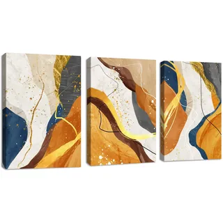 3 Pcs Abstrakt Blau Geometrisch Leinwandbilder Bilder mit Rahmen, Abstrakt Marmor Gold bild auf leinwand Wandkunst Modern Wandbilder Kunstdruck Deko Bild für Wohnzimmer Schlafzimmer 30x40cmx3
