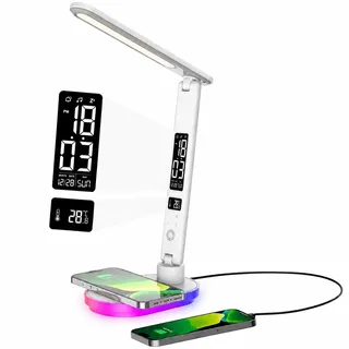 Schreibtischlampe LED Dimmbar mit Ladefunktion Uhr,Tischlampe Touch Dimmbare mit 3 Farbstufen und 5 Helligkeiten,lampe mit USB Anschluss,Uhr,Farbnachtlicht,LCD,Temperatur für Schlafzimmer,Büro (weiß)