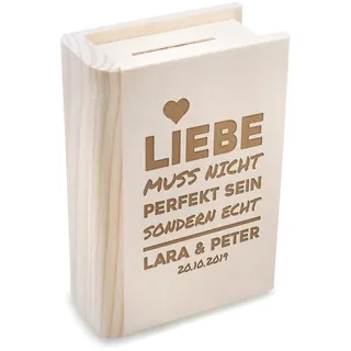 Personalisierte Spardose in Buchform - mit Wunschmotiv - Naturprodukt Holz - Sparschwein, Sparbüchse - Geschenk Paar, Hochzeitspaar - für Hochzeit, Jahrestag, Trauung - Motiv Liebesspruch