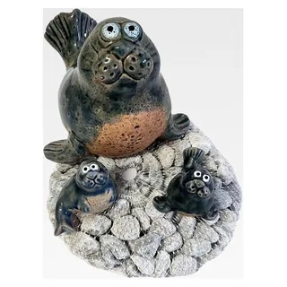 Maritime Deko Seehund - Keramik Robbe in Blau Grau mit zwei Robbenbabys - Tierfigur für Garten, Miniteichdeko und Badezimmerdeko - Inkl. Zierkiesel 7-20mm Grau
