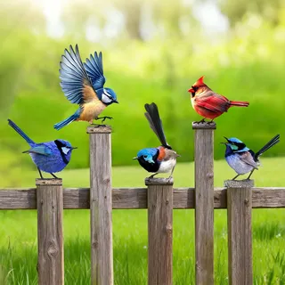TZQFROCE Gartendeko Bemalte Vogel 5 Stück Vögel Gartenstecker Deko Gartendeko Für Draußen Metall Bunt Bemalte 2D Vogel Baumstecker für Gartendekoration Holz Zaunfiguren Frühling Bäume Deko