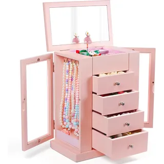 Emfogoo Schmuckkästchen Mädchen Spieluhr, 5 Ebenen Großes Holz Musikalisches Schmuckkästchen mit Drehender Ballerina, Schmuckaufbewahrung Geschenke für Kinder Weihnachten Neujahr Kindertag (Rosa)