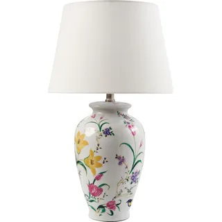 BELIANI Tischlampe Weißer Porzellansockel Leinen-Trommelschirm mit Blumenmuster Beleuchtung Stilvoll - Weiß, Grün, Blau, Gelb, Rosa