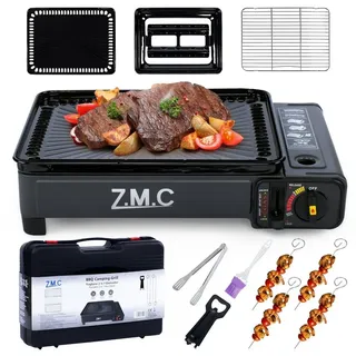ZMC 2-in-1 Gaskocher + Gasgrill inkl. Zubehör, Campingkocher, Campinggaskocher mit Grillplatte + Grillrost, Tischgrill mit Tragekoffer, 3,8kg, Piezo-Zündung, für Outdoor, indoor, Balkon