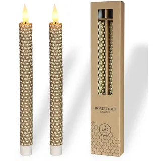 comforder Echtwachs LED Kerzen mit flackernder Flamme (2er Set), elektrische Stabkerzen mit Timerfunktion, Kerzen batteriebetrieben, Bienenwaben-Optik (Gold)