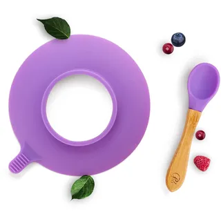 Kleiner Fuchs Bambus Kinder Löffel und Silikon-Saugnapf Set, Silikon Baby Löffel und Saugnapf Set kombinierbar mit all unseren Teller - und Schüsselsets, Baby & Kinderbesteck ab 1 Jahr, Farbe: Lila