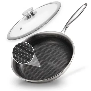 KOKHUB 28 cm Bratpfanne mit Deckel Induktion, Tri-Ply Edelstahl Hybrid Wabenstruktur Antihaft Pfanne, PFOA-frei, für alle Herdarten, backofenfest