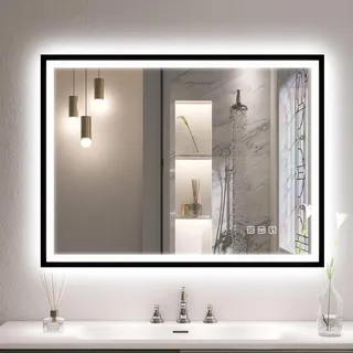 S'bagno Bluetooth-Badspiegel-mit-Beleuchtung 80x60 cm, LED Badezimmerspiegel mit Beschlagfrei/Gehärtetes Glas/ 3 Lichtfarben/Dimmbar, IP44 Badezimmer Spiegel mit Schwarzem Eisenrahmen