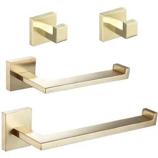 Beelee BA203BG-4 Badezimmer-Zubehör-Set, goldfarbenes Hardware-Set – Handtuchhalter + Toilettenpapierhalter + 2er-Pack Handtuchhaken, SUS-Edelstahl, Wandmontage